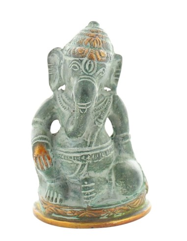 Statuette Ganesh assis en Laiton vert antique 8.2 cm